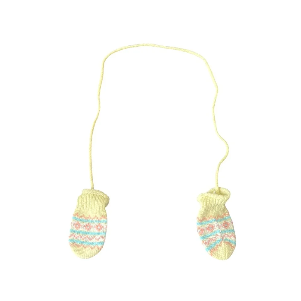 Baby Infant Knit Mittens Pastel Yellow Pink Blue Connected String Gloves Vintage